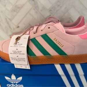 adidas Gazelle Pink Suede Sneakers with Green Stripes 5Y 6W